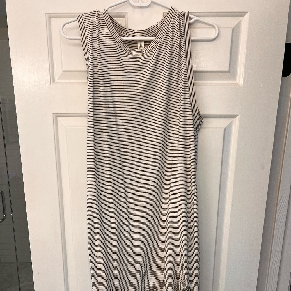 Black and white horizontal striped cotton midi tank dress with slit